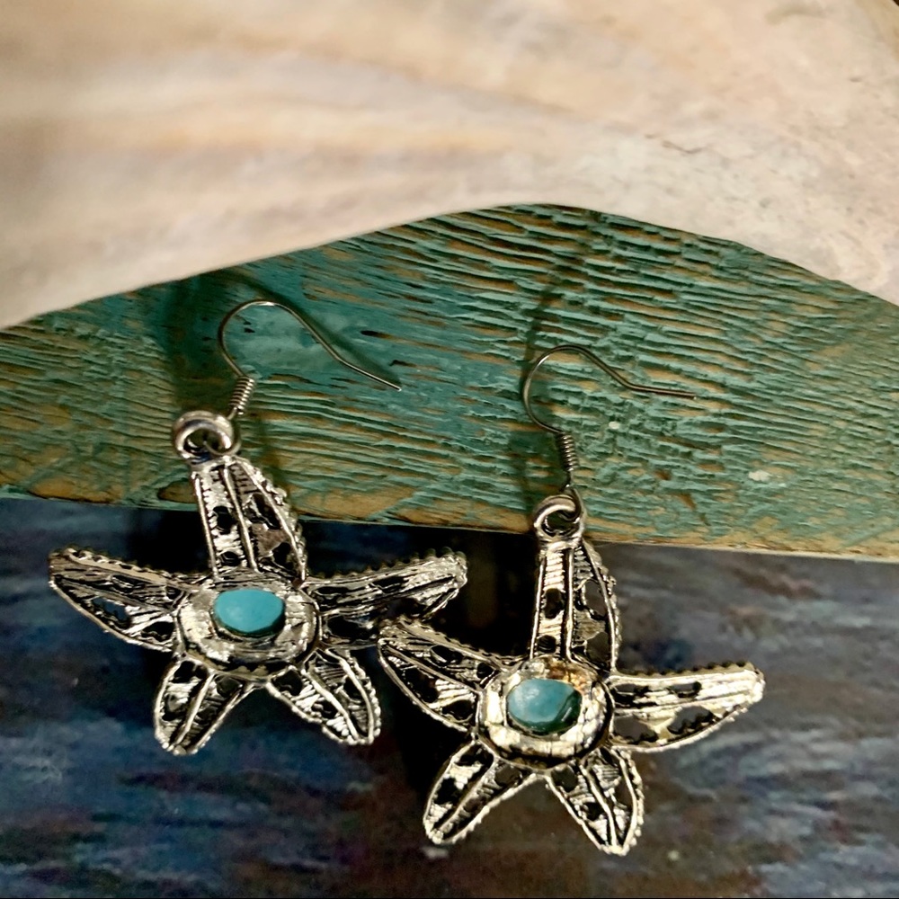 Starfish Turquoise and Silver Earrings - Picture 4 of 4